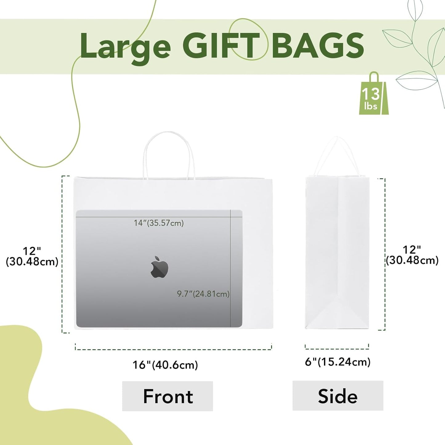 MESHA 16x6x12'' White Kraft Paper Bags With Handles,50 Pack Large Gift Bags Bulk Bulk Reusable for Business,Retail,Birthday,Wedding,Party,Favor,Merchandise,Grocery Shopping Bag