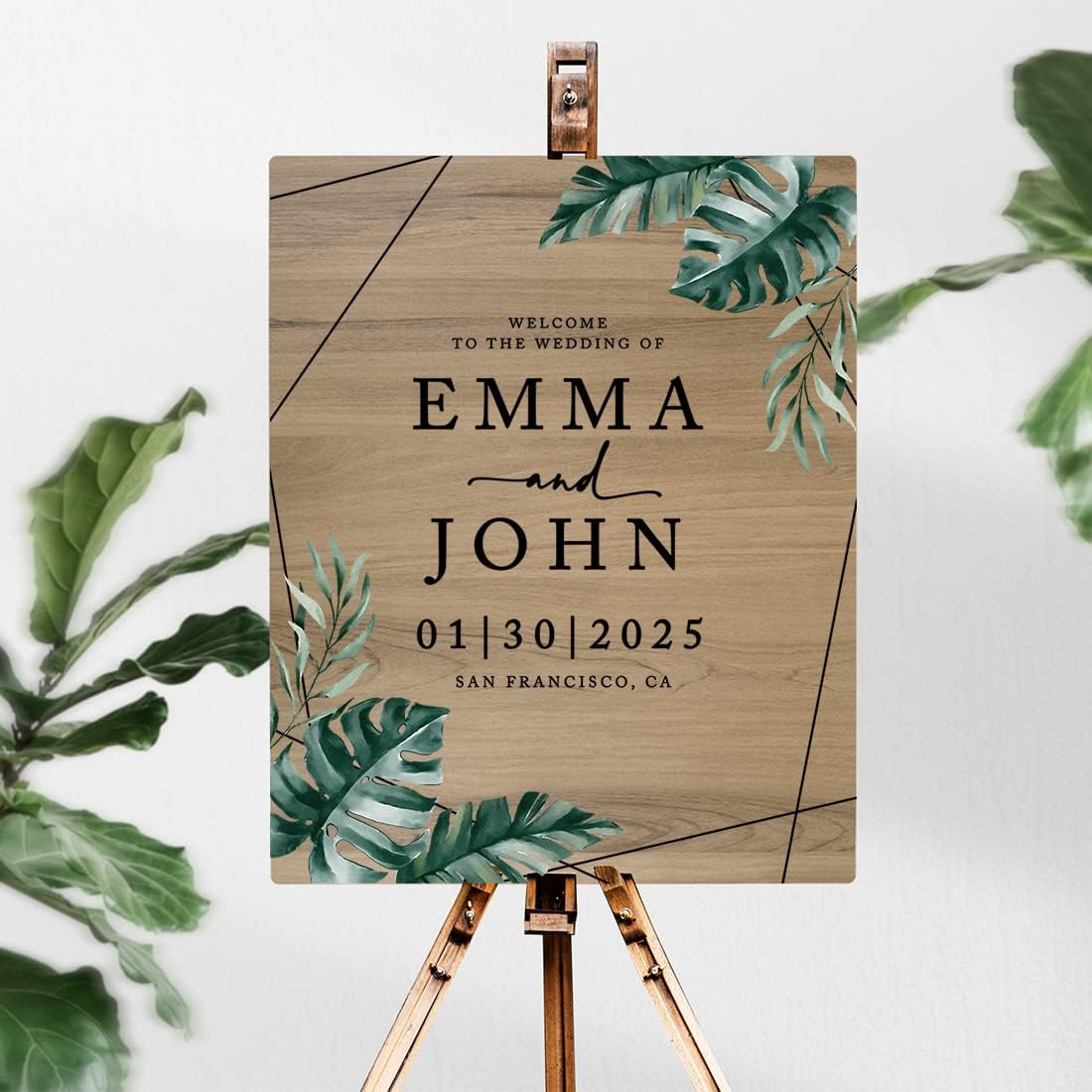 Andaz Press Large Wooden Welcome Sign for Wedding, Rustic Welcome Sign 16" x 20" Custom Names Tropical Monstera Palm Wedding Signage English Oak MDF Wood Finish Wedding Reception Indoor Outdoor Signs
