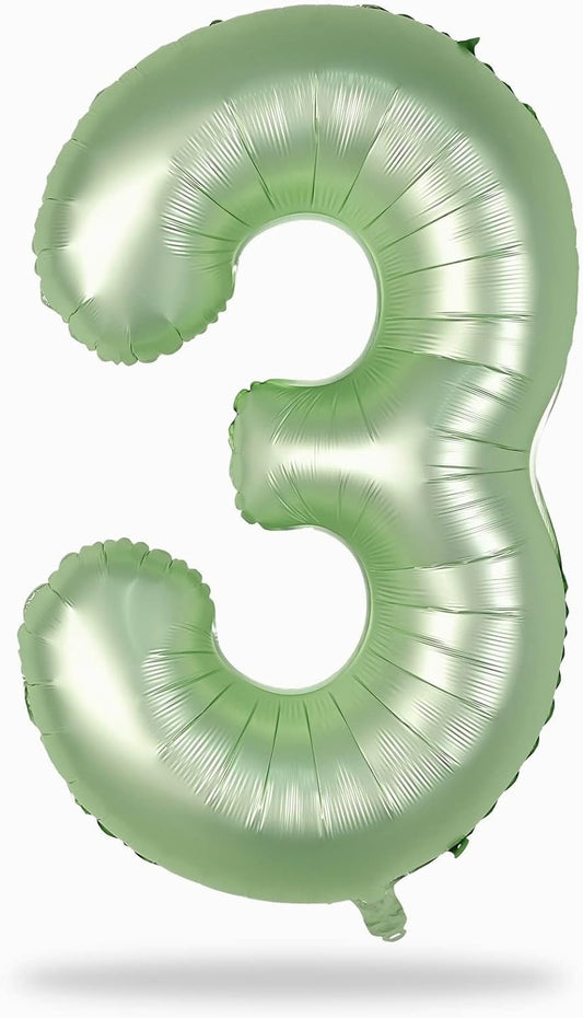 Sage Green Number 3 Balloon, 40In Large Foil Number Balloons Set 0-9 for Women, Self Inflating Olive Green Digital 3 Helium Balloon for Girls Boys 1st Birthday Jungle Safari Party Decorations Supplies