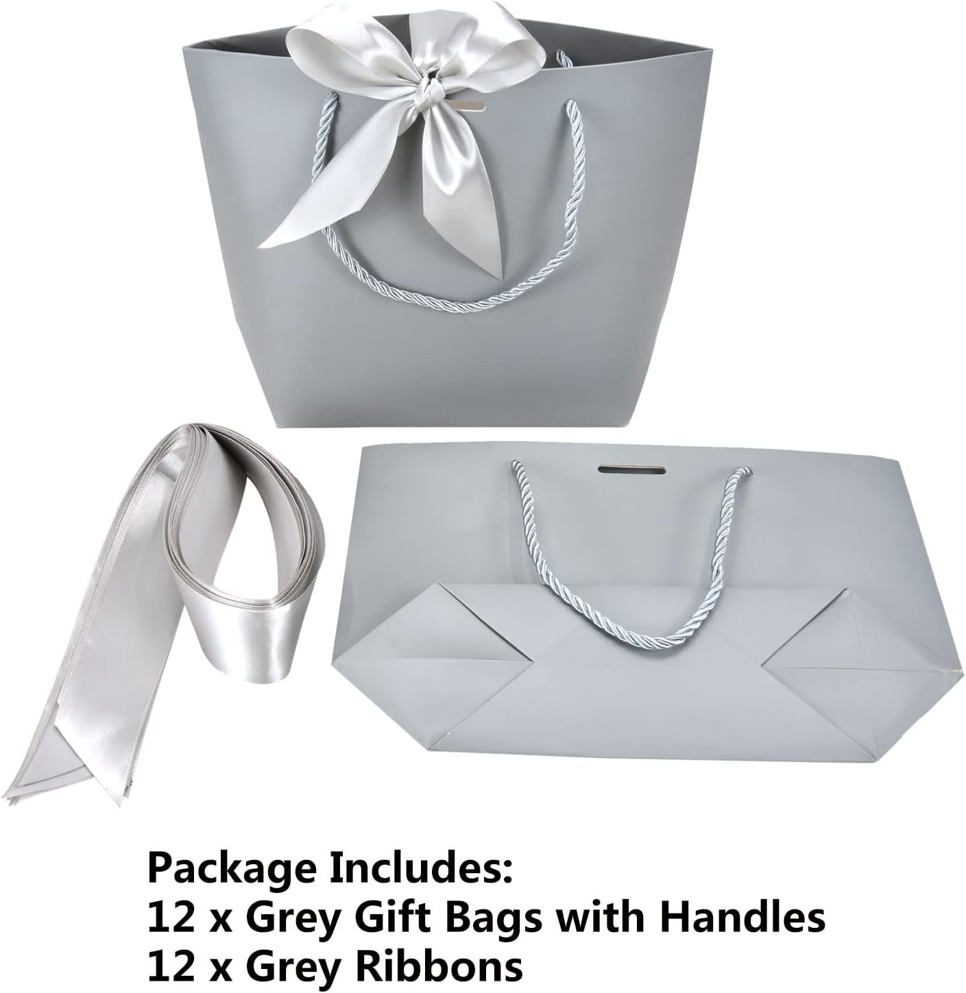 HUAPRINT Gift Bags with Handles,7.48×3.54×7.9 inches,Party Favor Bags with Bow Ribbon,12Pcs Grey Paper Bags for Birthday Wedding Bridesmaid Present Celebration Holiday