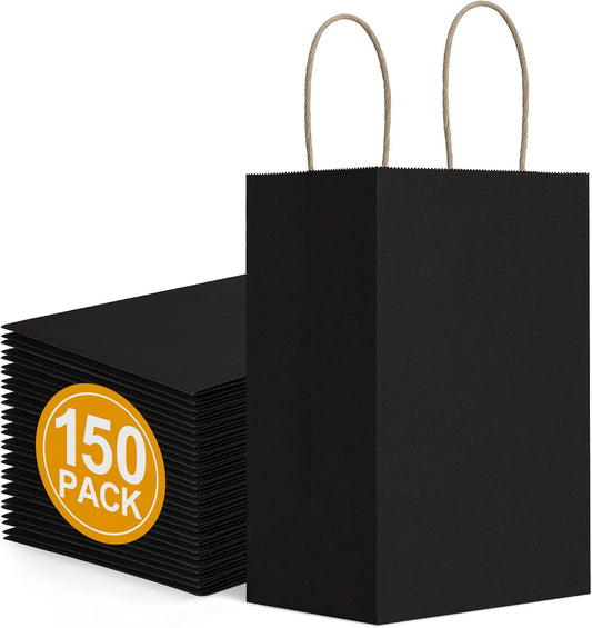 BagDream 150 Pack Small Black Gift Bags 5.25x3x8 Inch Kraft Paper Gift Bags with Handles Bulk Shopping Merchandise Retail Business Wholesale Birthday Party Favors Bags Paper Sacks