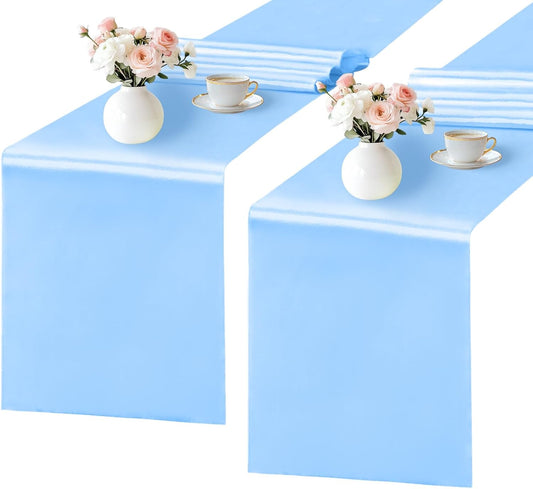 SHEJIZE 2 Pack Light Blue Satin Table Runner 12x108 Inches Long, Bright Silky Smooth Satin Table Runner Table Decor for Wedding Banquet Christmas Prom Event Birthday Party