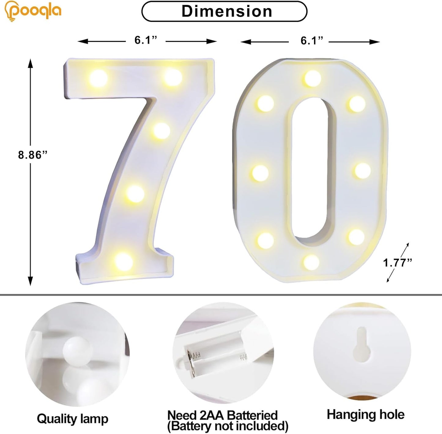Pooqla 70th Birthday Decoration for Woman Man, Decorative LED Light Up Numbers, Marquee Numbers 70 Sign for Party Backdrop 70th Wedding Anniversary Decor, Warm White and Cool White Number 70