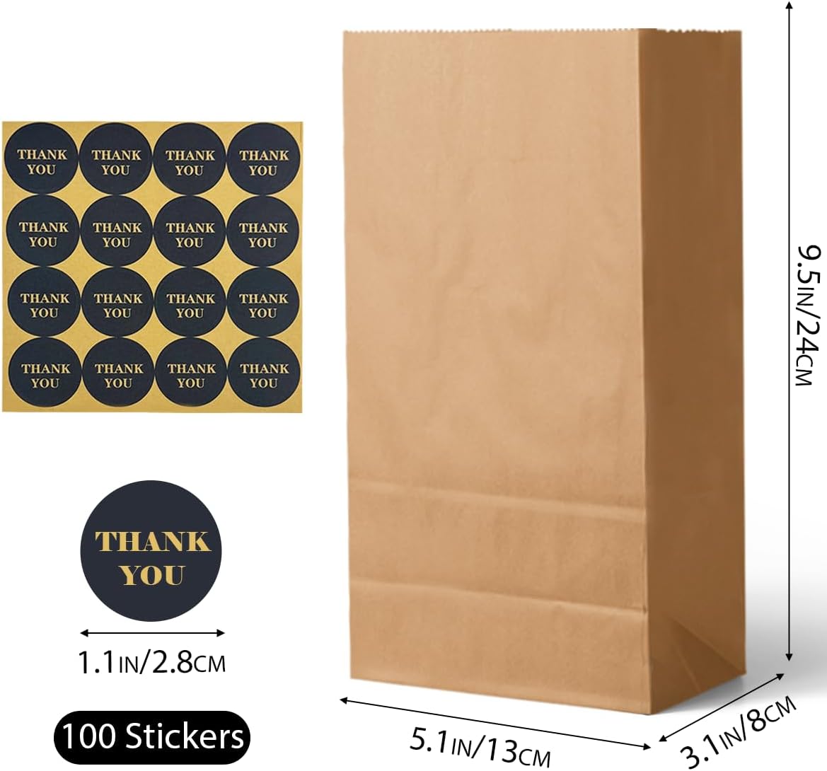 qiqee 100Pcs Treat Paper Bags 5.1"x3.1"x9.4" Brown Party Gift Bag Mini Snack Bag without Handle