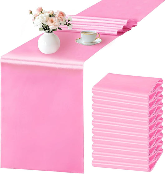 SHEJIZE 10 Pack Pink Satin Table Runner 12x108 Inches Long, Bright Silky Smooth Satin Table Runner Table Decor for Wedding Banquet Christmas Prom Event Birthday Party