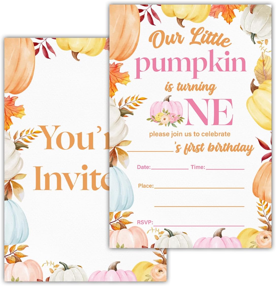 Pumpkins First Birthday Party Invitations for Baby Girl Little Pumpkin 1st Birthday Party Fill in Invites Cards With Envelopes (20 Count), Double Sided Design