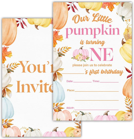 Pumpkins First Birthday Party Invitations for Baby Girl Little Pumpkin 1st Birthday Party Fill in Invites Cards With Envelopes (20 Count), Double Sided Design