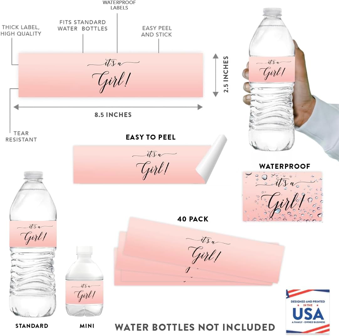 Andaz Press Blush Pink Rose Elegant Party Baby Shower Collection, Waterproof Water Bottle Labels, It's a Girl!, 20-Pack, Party Favors Decor Gift Ideas