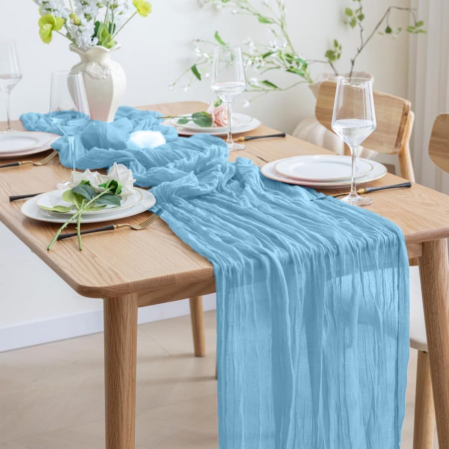 8 Pack 10Ft Table Runner 35x120 inch Baby Blue Boho Gauze Table Cheese Cloth Long Wrinkled Sheer Table Runner for Wedding Bridal Shower Birthday Party Table Decor