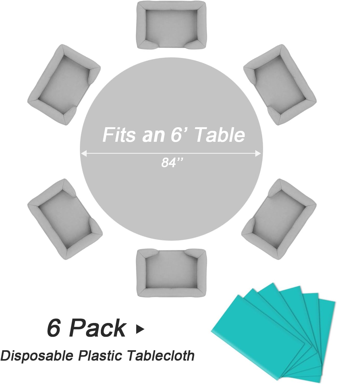 QIKSION Aqua Blue Round Tablecloth 6 Pack, 84 Inch Plastic Table Cover Disposable for Parties