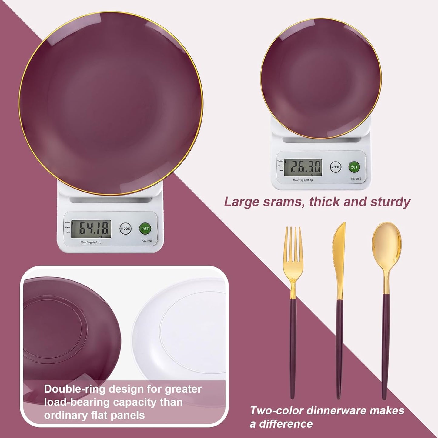 Liacere 150PCS Purple Plastic Plates - Gold Plastic Silverware with Purple Handle - Disposable Plates Include 30 Guests Plates, Forks, Spoons, Knives for Wedding&Father's Day&Independence Day