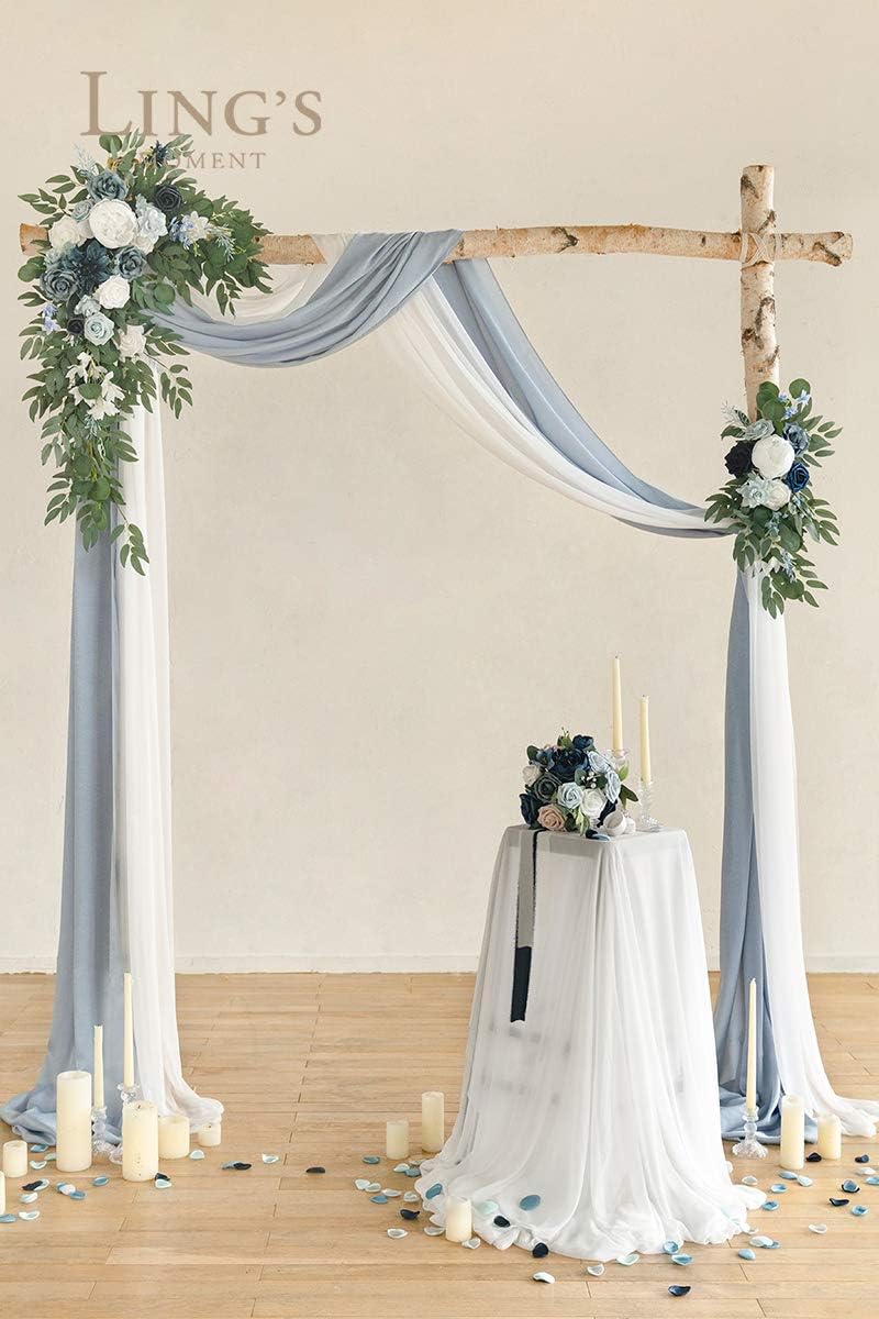 Ling's Moment Dusty Blue Artificial Wedding Arch Flowers Kit Pack of 4, 2pcs Hanging Flower Arrangement 2pcs Chiffon Drape Ceremony Spring Fake Silk Rose Arbor Backdrop Floral Swag Outdoor Beach Decor