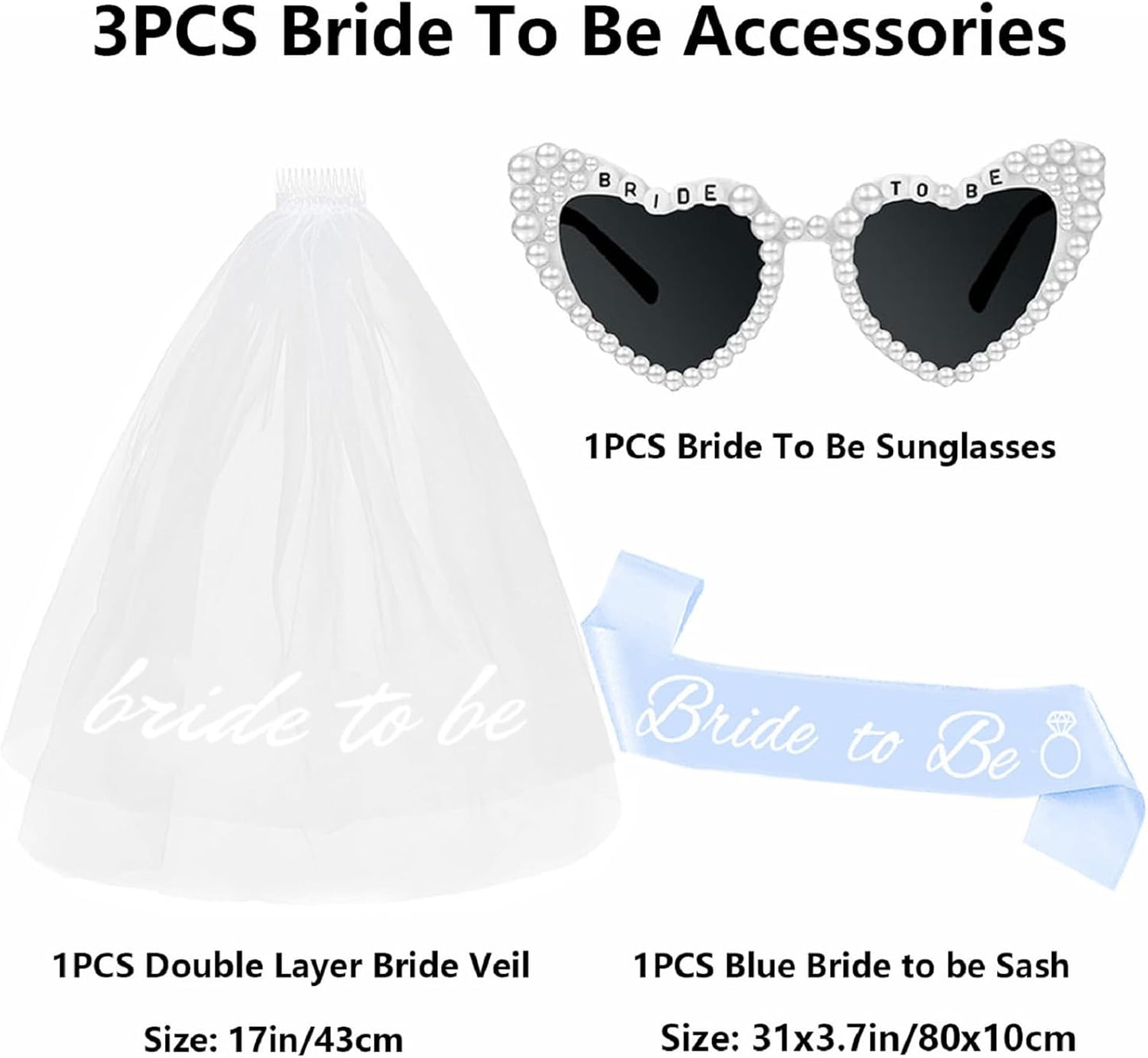 3PCS Bride To Be Veil White Print Bridal Veils Bride Sash and Pearl Sunglasses for Bachelorette Party