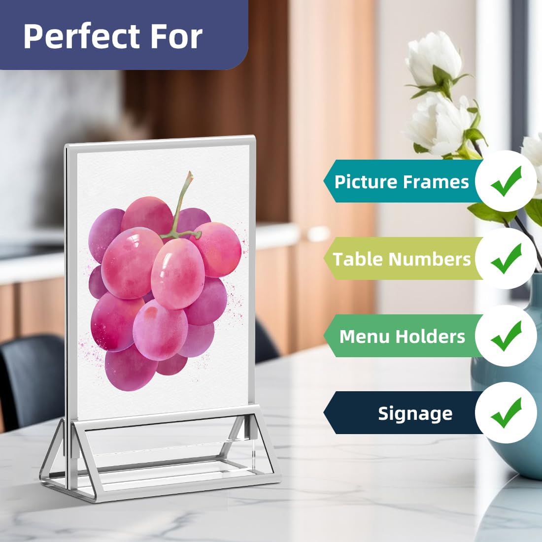 Clear Acrylic Sign Holder 4X6 with Silver Borders Display Stand, Double Sided Acrylic Picture Frames Plastic Sign Holder for Wedding Table Numbers Menu Holder (6 Pack)