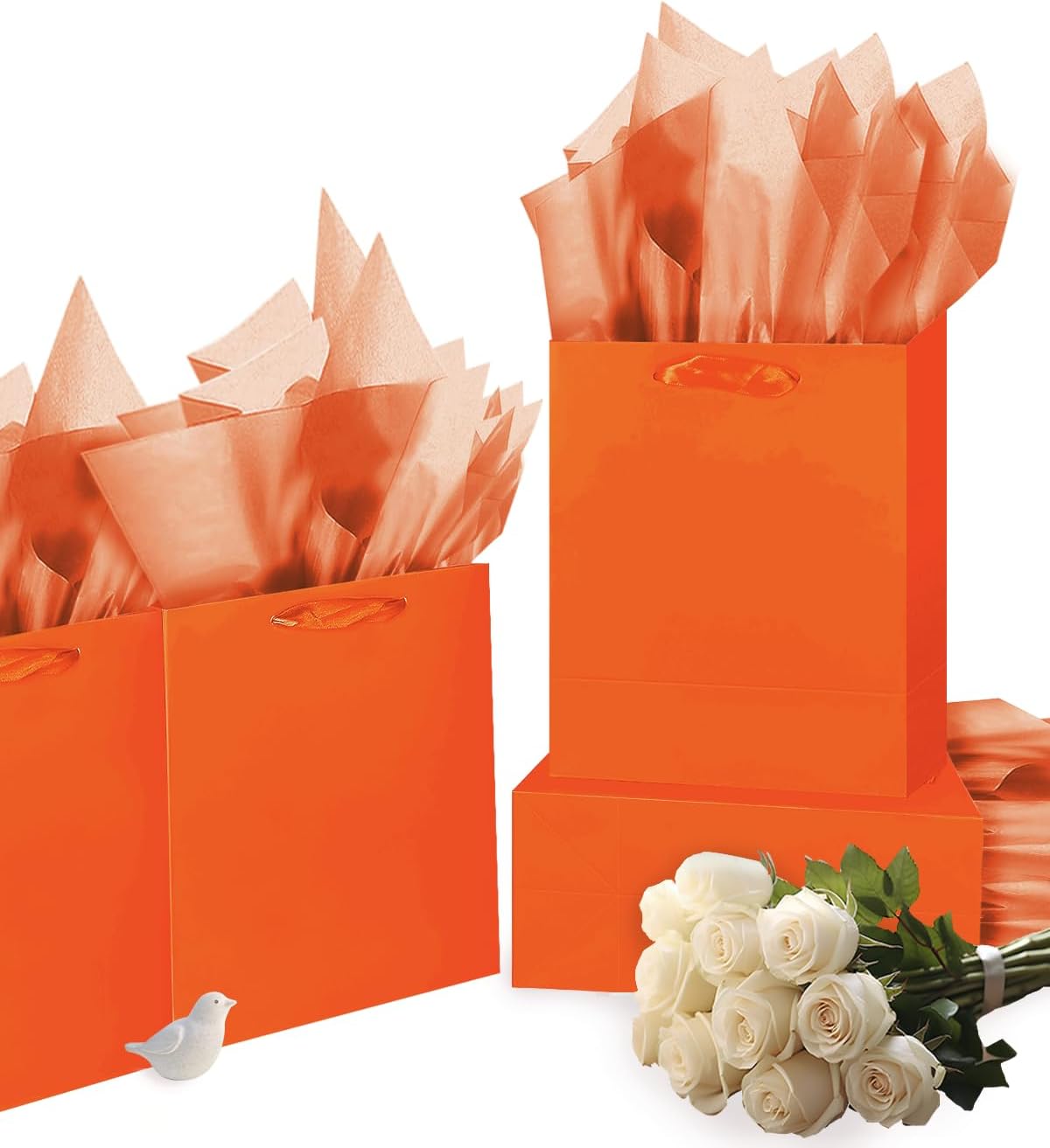 Gcardist Bright Orange Gift Bags with Tissue Paper for Wedding, Birthday, Party Supplies-7.9"x4.3"x9.6" Medium Size Cardboard Gift Bags（5pcs Bags +10pcs Tissue Paper ）