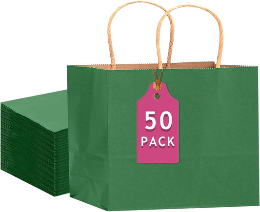qiqee 50-Packs Kraft Deep Green Paper Gift Bags with Handles Bulk 12.6"x4.3"x10" Wide Large Size Party Favor Bags Multiple Uses