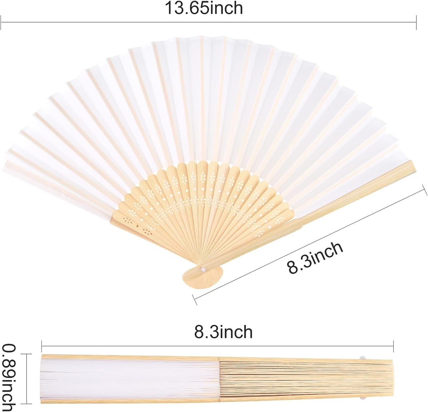 FEPITO 50 Pieces White Handheld Paper Fan Paper Folding Fans with Bamboos for Wedding Gift, Party, Home