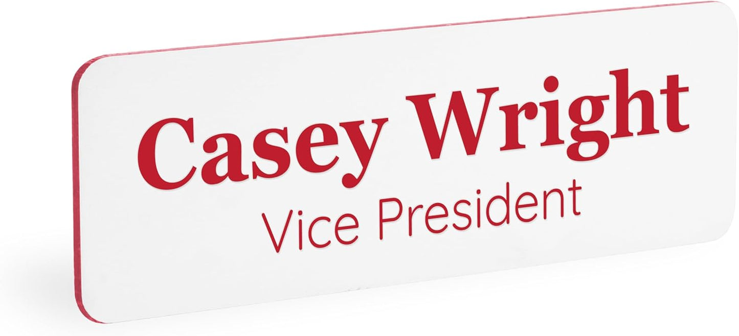 ExcelMark Custom Name Tag - Engraved Name Badge with Pin or Magnetic Backing, 16 Colors, 6 Fonts, and 2 Sizes to Choose from (White w/Red Letters, 1"x 3")