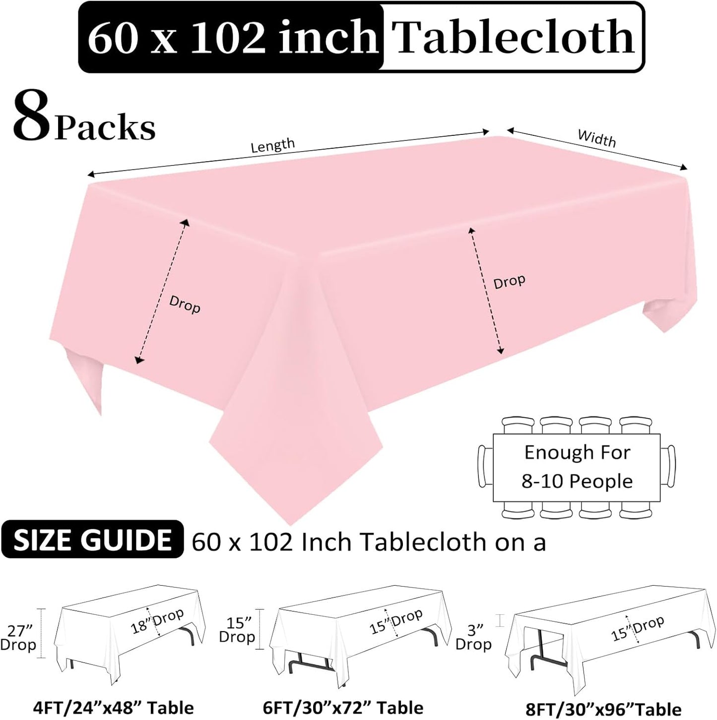 8 Pack Pink Tablecloth 60 x 102 Inch Rectangular Tablecloths for 6 Foot Rectangle Tables, Wrinkle Resistant Pink Table Cloth Washable Polyester Fabric Table Covers for Buffet Wedding Party Banquet