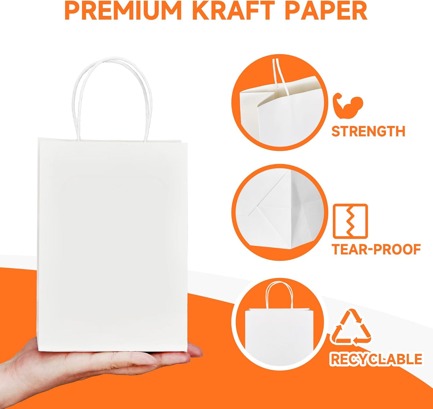 METAPRINT 50 Pack Small Gift Bags 5.8x3.2x8.25 Inch White Paper Bags with Handles Bulk, Kraft Paper Bags for Party favor, Retail, Grocery Sacks