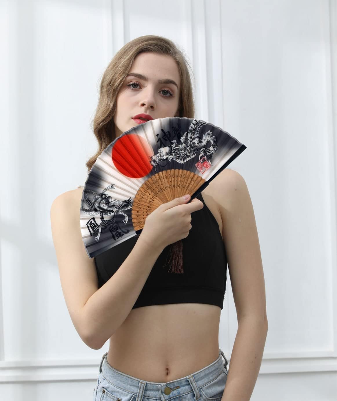 Amajiji Folding Hand Fan for Women, Chinese Japanese Vintage Style Bamboo Silk Hand Held Folding Fans for Party Wedding Dancing Decoration Gift Performance (AM-07)