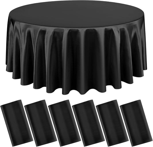 6 Packs Satin Tablecloth 120 Inch Black Round Table Cloth Silk Tablecloth Smooth Fabric Overlay Satin Table Cover Decoration for Wedding Party Banquet Events