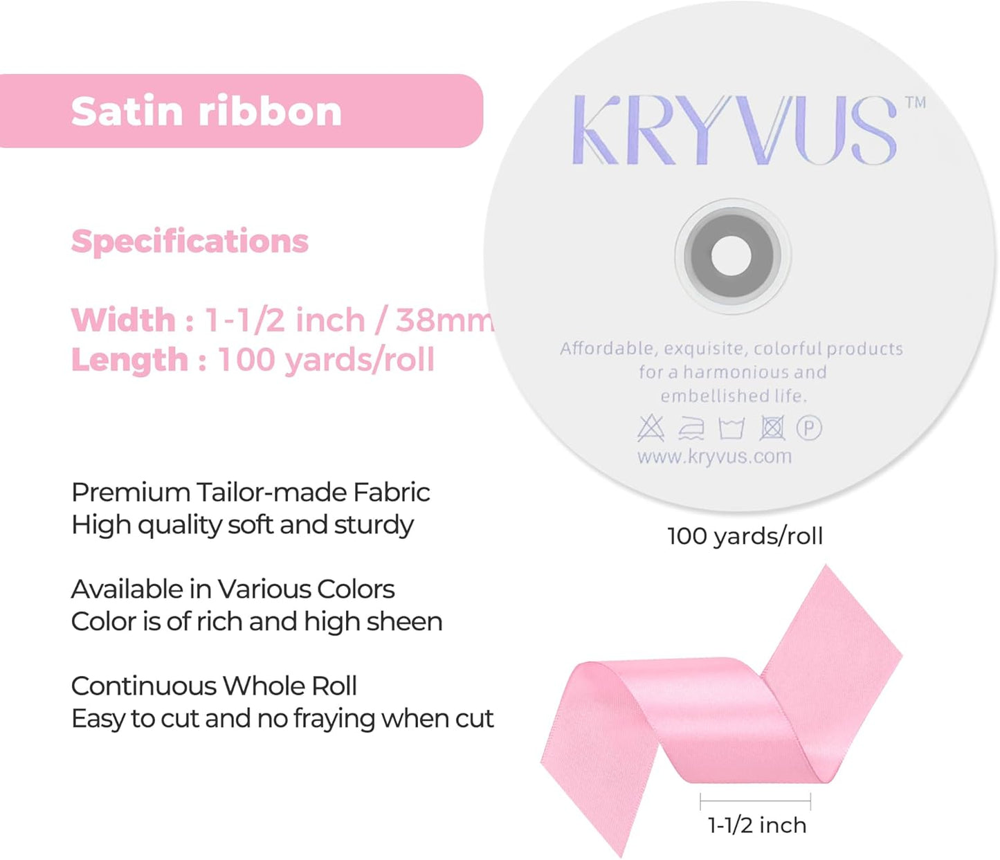 Rose Pink Satin Ribbon 1-1/2 inch X Continuous 100 Yards, Single Face Polyester Ribbon Perfect for Gift Wrapping, Flower Bouquet, Wedding Decor, Crafts, Bow Making, Sewing and More