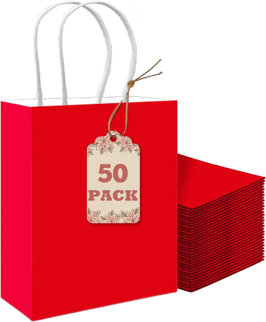 qiqee 50-Packs Gift Bag with Handles Bulk Red Paper Bags Multiple Uses (8.3"x3"x6" Small Size)