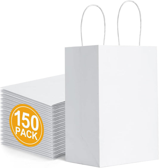 BagDream 150 Pack Small Gift Bags 5.25x3x8 Inch Kraft Paper Gift Bags with Handles Bulk Shopping Merchandise Retail Business Wholesale Birthday Party Favors Bags White Paper Sacks