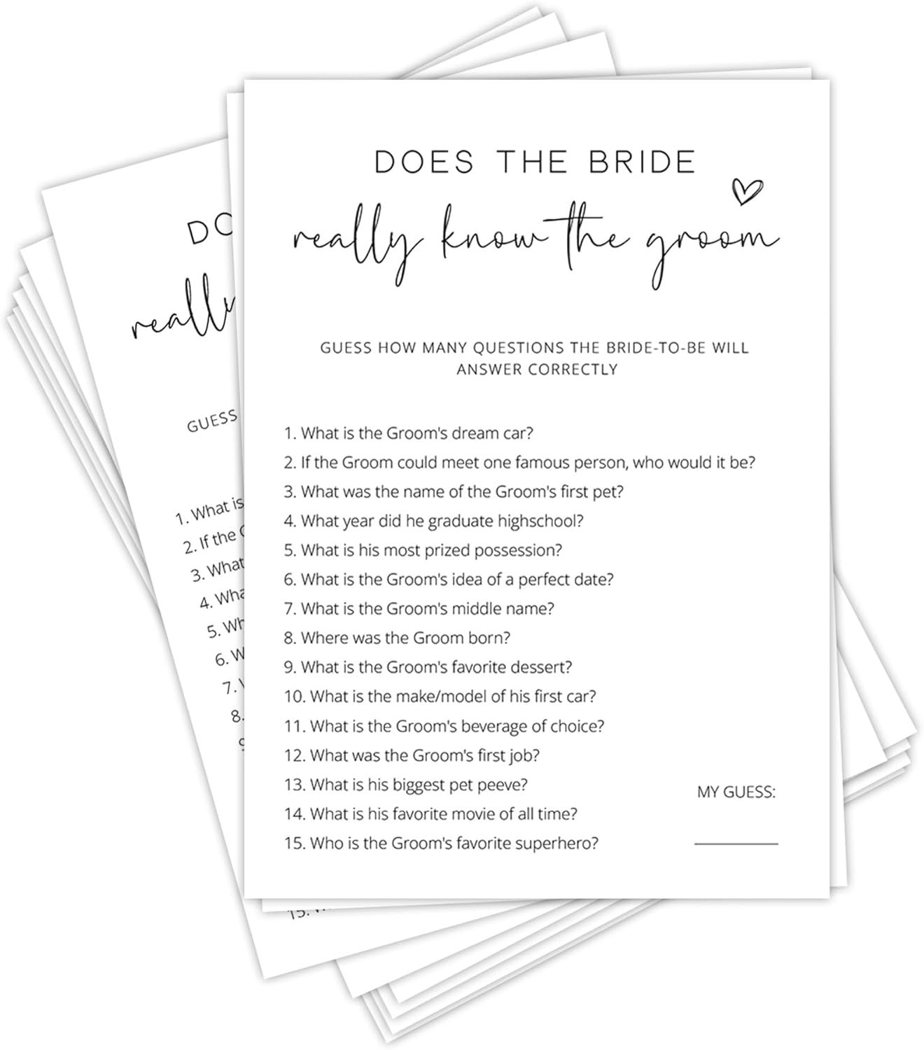 Bridal Shower Games, Does the Bride Really Know the Groom, 25Pcs Minimalist White Double-Sided Bridal Game Cards, Wedding Shower Games for Guests, Engagement Bachelorette Party Supplies - A13