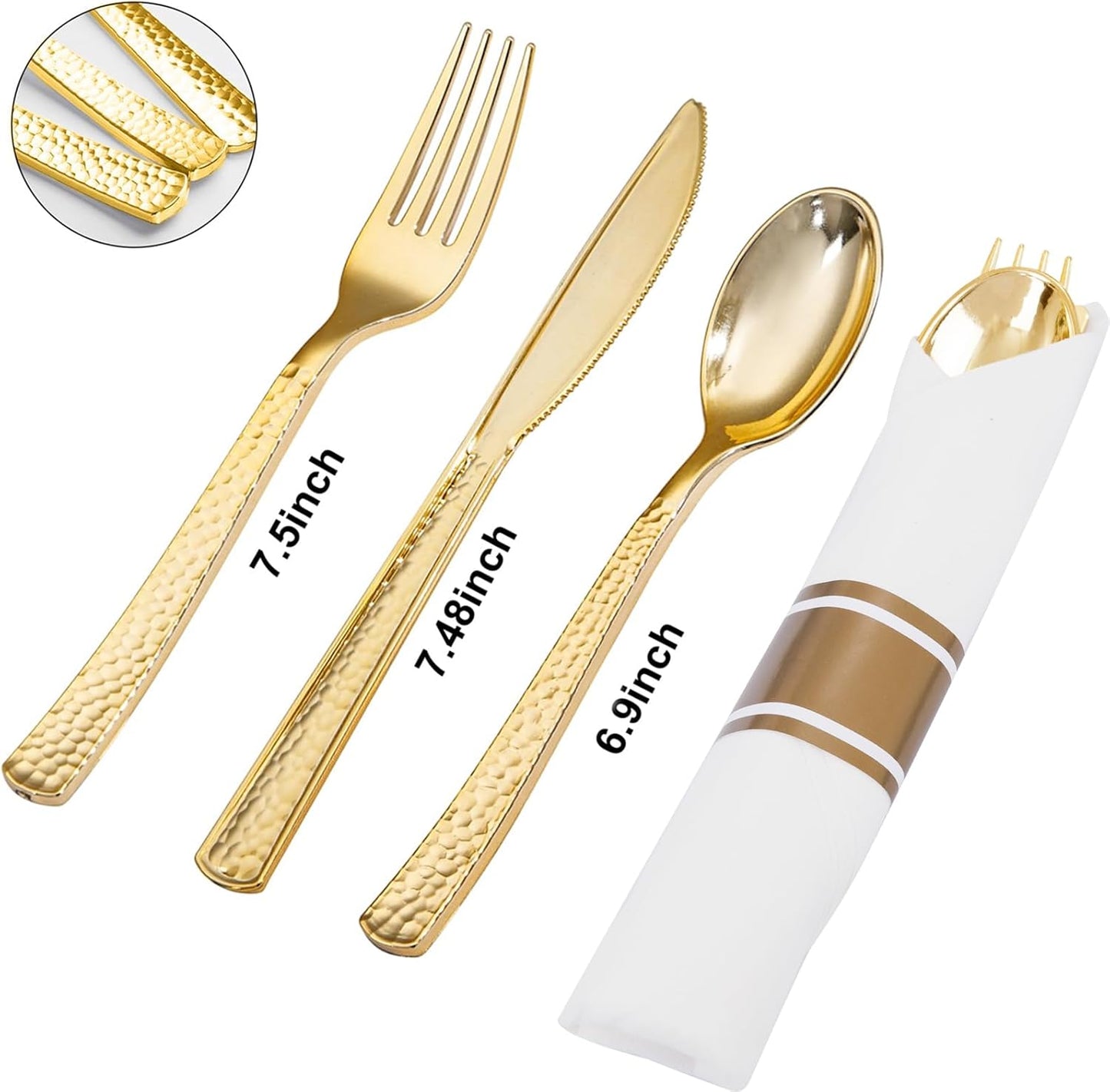 50Guests Pre Rolled Gold Plastic Silverware Sets - Heavy Duty Hammered Gold Cutlery Include 50 Pack Wrapped Disposable Utensils with Napkins for Parties, Dinners & Weddings