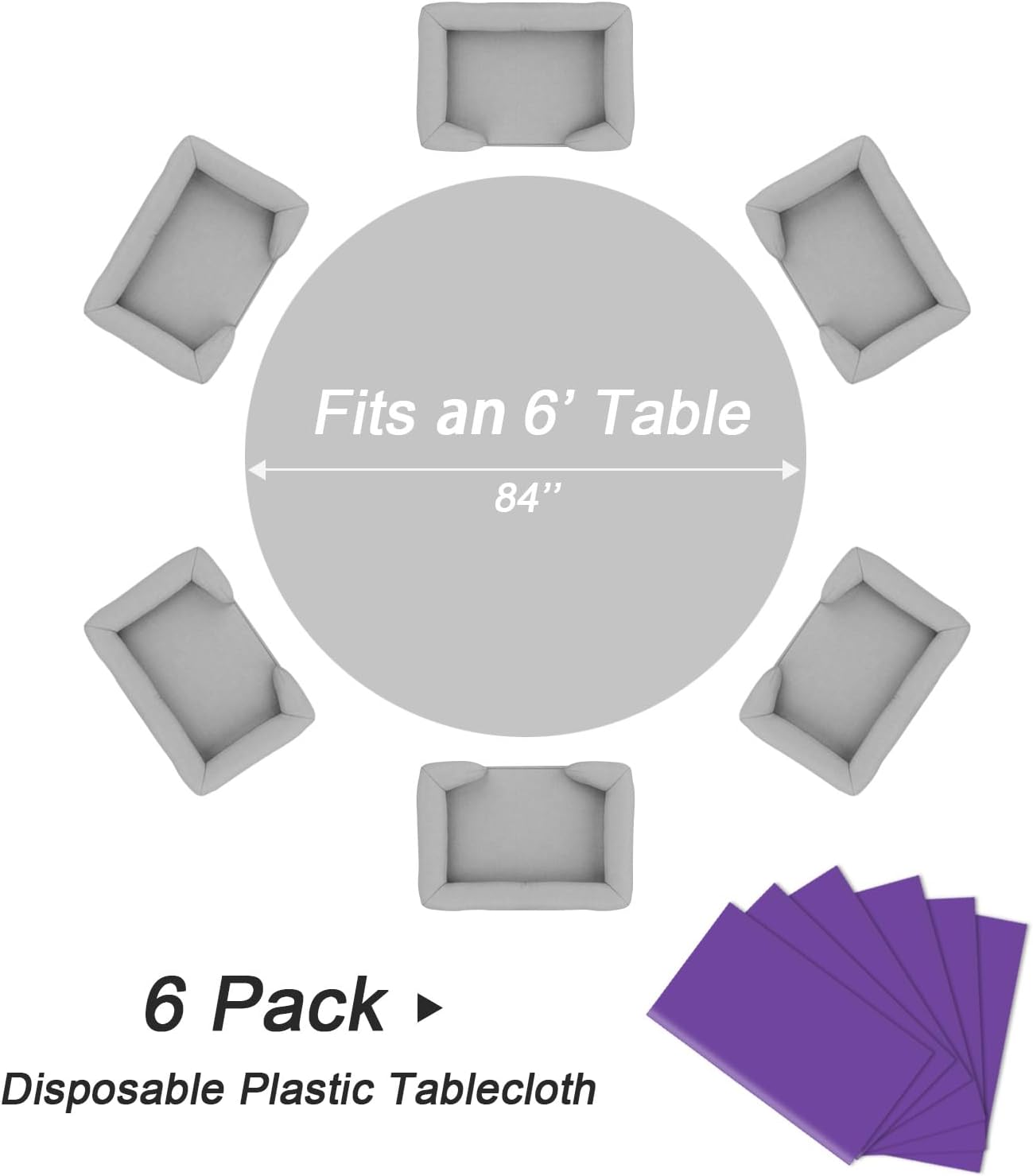 QIKSION Purple Round Tablecloth 6 Pack, 84 Inch Plastic Table Cover Disposable for Parties