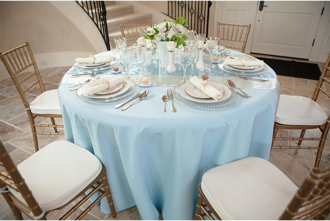 LTC LINENS Baby Blue Tablecloth 120 in Round for 60 Inch Circular Table - Washable, Wrinkle Resistant Polyester Fabric Cloth for Baby Shower, Wedding