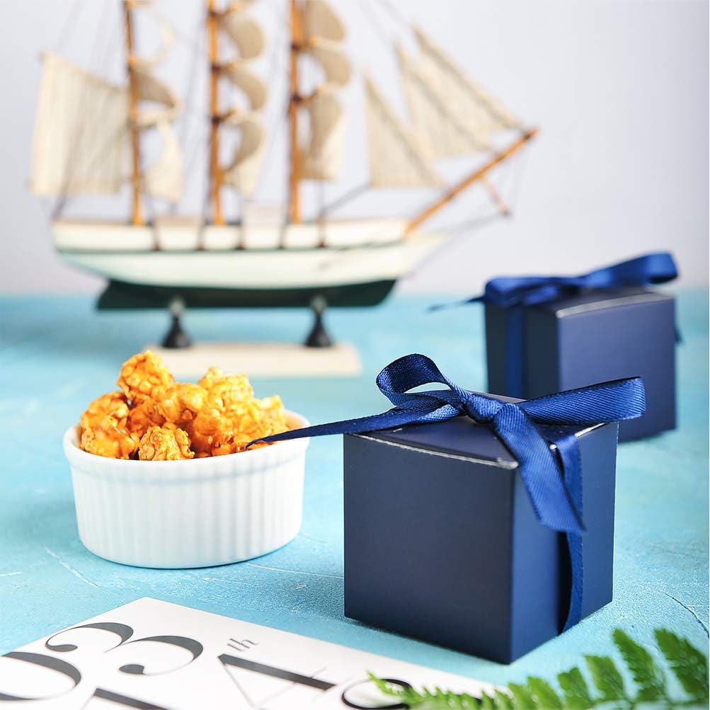 AWELL Navy Blue Gift Candy Box Bulk 2x2x2 inches with Blue Ribbon Party Favor Box,Pack of 50