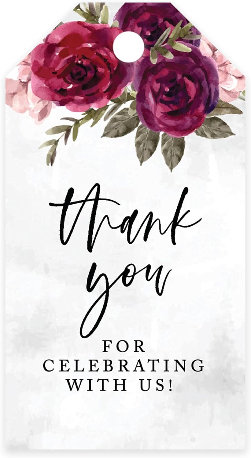 Andaz Press 100-Pack Thank You for Celebrating with Us Favor Tags Burgundy Florals Cardstock Gift Tags with Bakers Twine for Wedding Baby Shower Bridal Shower Birthday Party Favors 2 x 3.75-Inches