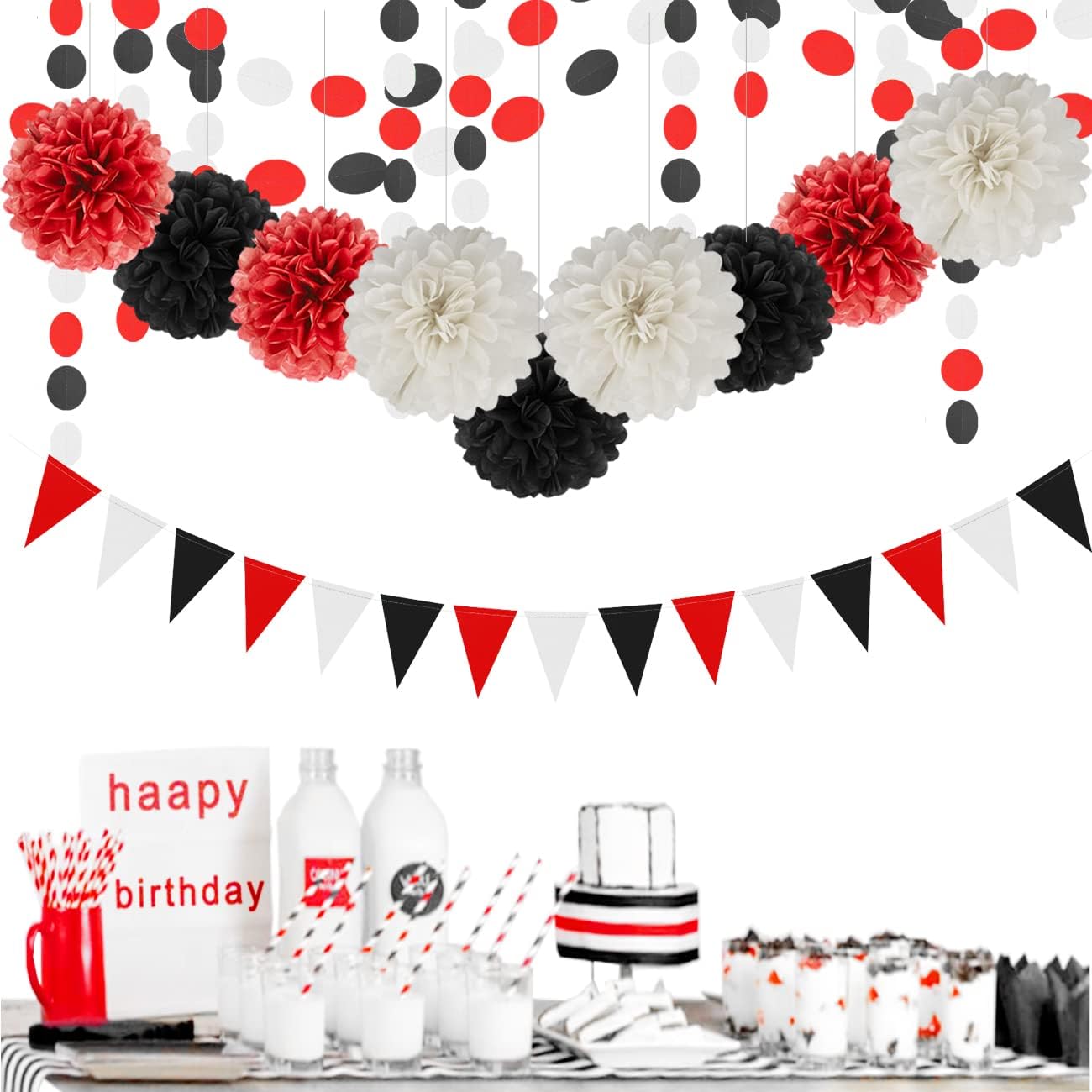 White Red Black Party Decorations - 15Pcs Tissue Paper Flower Pom Poms Lanterns Birthday Wedding Graduation Bachelorette Hanging Decor