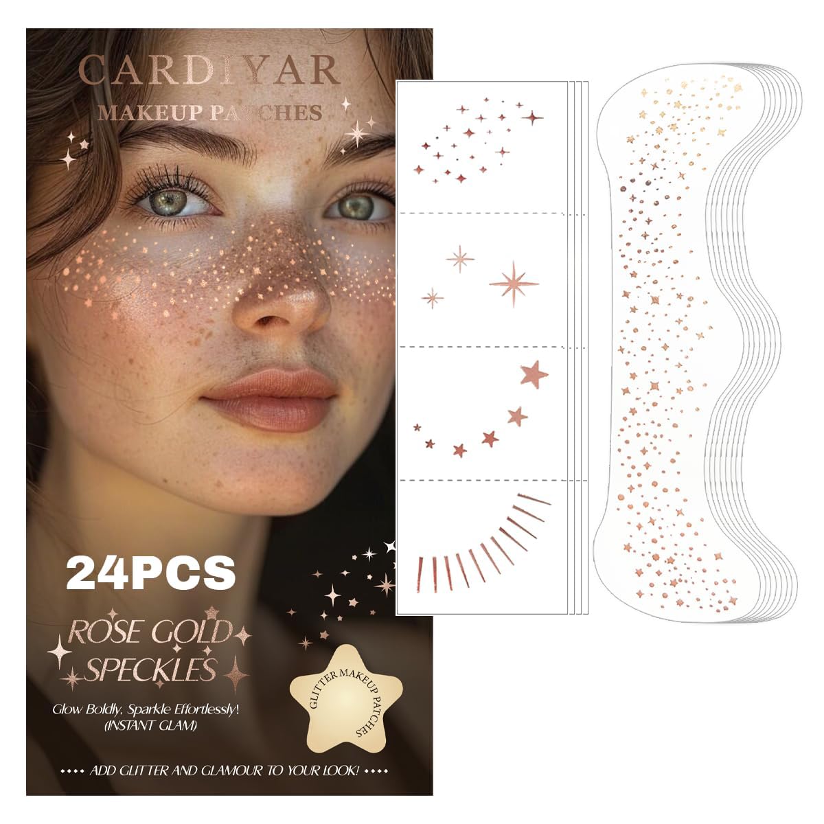 Glitter Freckles Face Tattoo - 24PCS Waterproof Gold Temporary Sparkle Patches for Women, Makeup Glow Up (Rosegold)