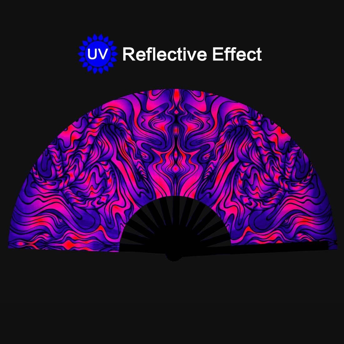 UV Glow Rave Fan, Bamboo Folding Clack Hand Fan for Men Women (Wellen, Large 13")