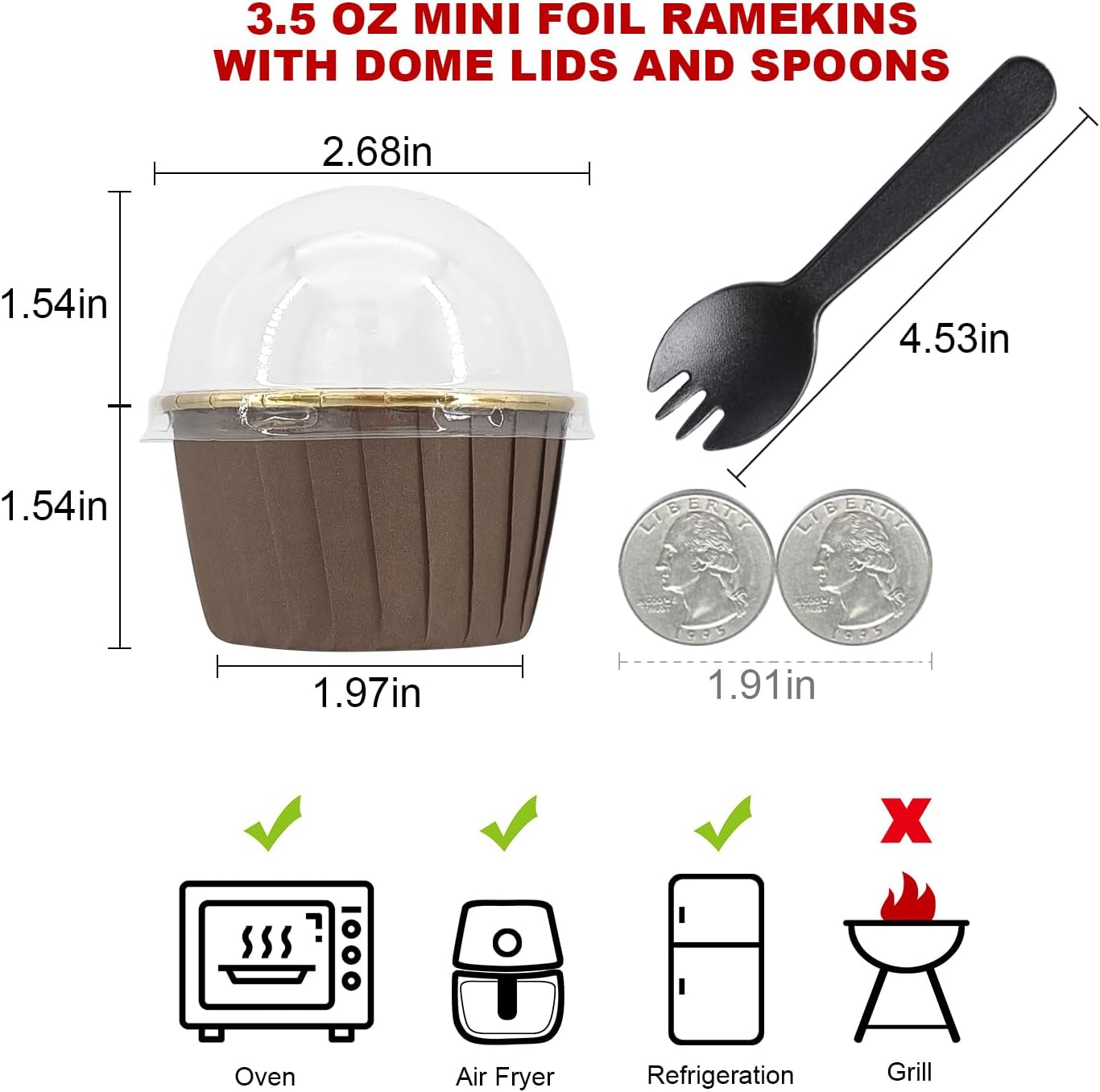 Muffin Cups with Lids 100Pack,Free-Air 3.5Oz Foil Cupcake Liners,Mini Muffin Liners Cupcake Baking Cups,Disposable Muffin Tins Cupcake Wrappers,with Spoons-Brown in gold
