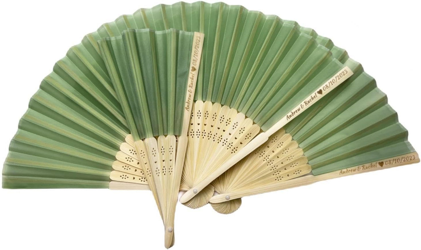 Personalized Wedding Fans Handheld Folding Fans (80Pcs) - Custom Engraved Green Silk Fans for Bridal Shower Favor/Baby Shower Favor, Birthdays Party Gifts/Gifts for Party Guests