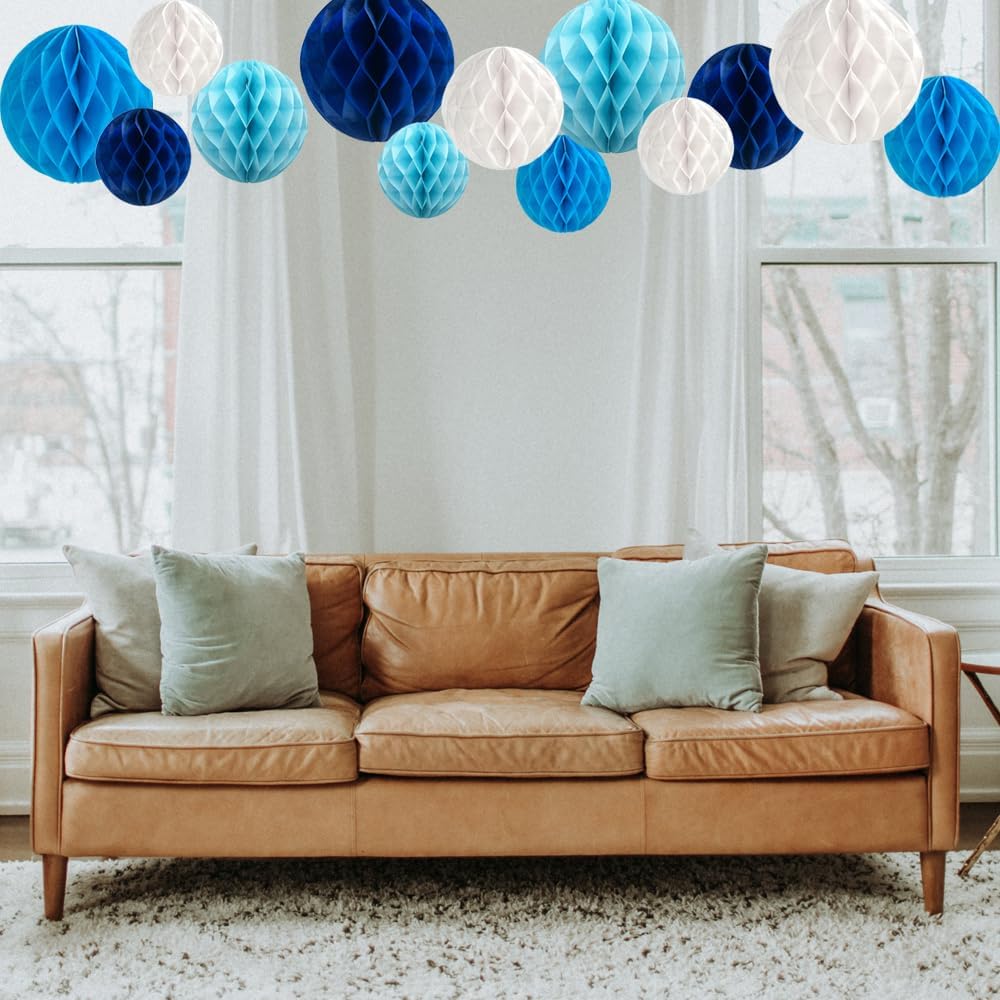 Aiminjey 12Pcs White Blue Paper Honeycomb Flower Balls 6'' 8'' 10'' Decorative Tissue Honeycomb Balls Paper Pom Poms Hanging Flower Balls Craft Kit for Wedding Nursery Room Home Party Décor