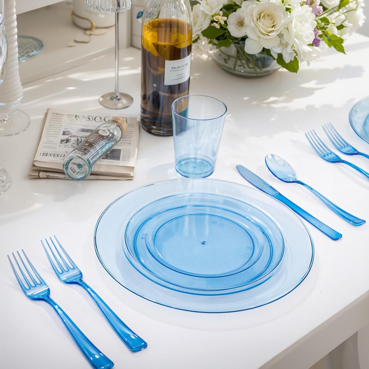 WDF 180 Pieces Blue Plastic Silverware Disposable - Clear Blue Cutlery Sets 60 Forks, 60 Knives and 60 Spoons - Heavy Duty Utensils for Party, Wedding, Graduation