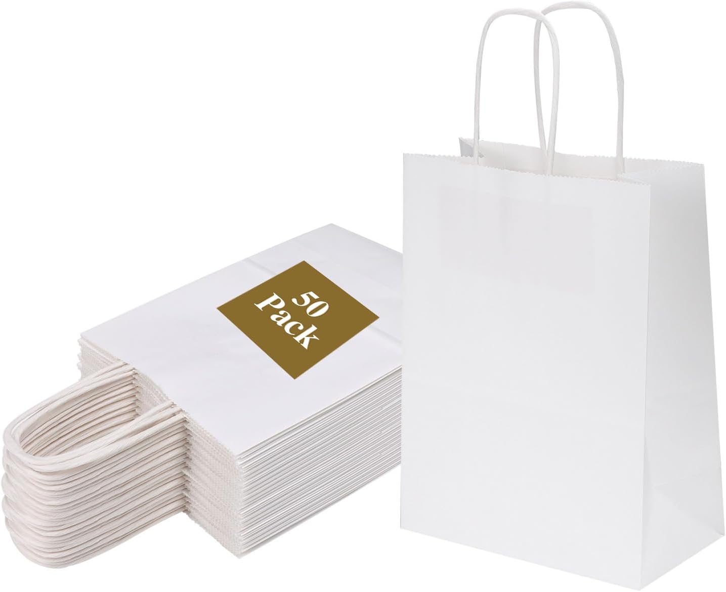 Joybe 50 Pack 6x3.25x8 Inch Small White Paper Bags with Handles Bulk, Kraft Paper Gift Bags for Birthday Party Favors Grocery Retail Shopping Business Goody Merchandise Craft Blank Sacks (50pcs)