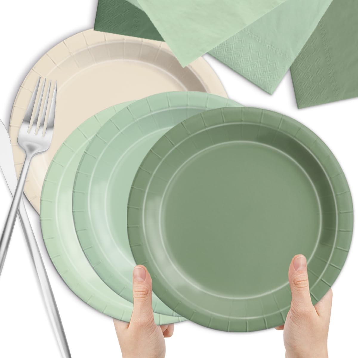 CMUSKO Sage Green Baby Shower Decorations - 150pcs Gradient Plates & Napkins Kit Serves 50 - Party Supplies for Birthday,Wedding