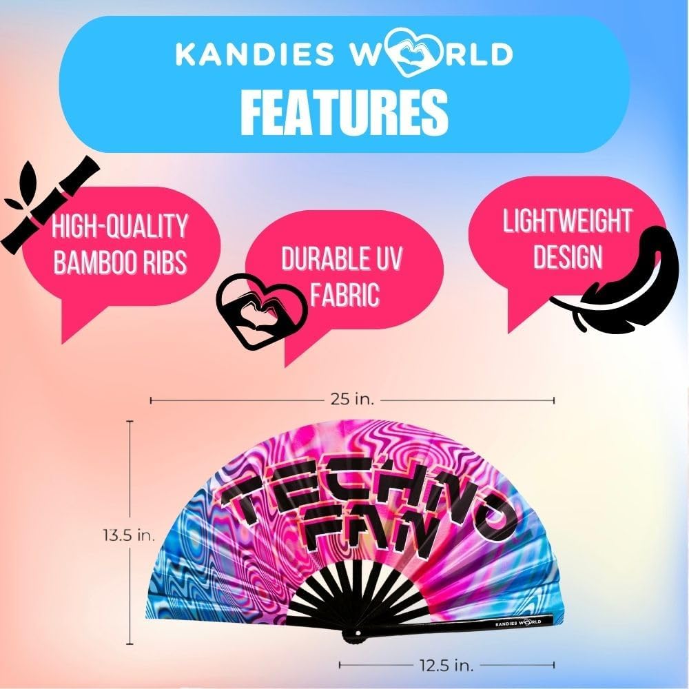 Kandies World UV Reactive Custom Festival Folding Hand Fan - Unique Designs, Made of Bamboo, Clacking Sound, Lightweight - Perfect Rave and Festival Accessory!