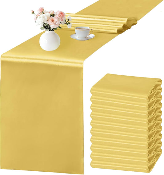 SHEJIZE 10 Pack Light Gold Satin Table Runner 12x108 Inches Long, Bright Silky Smooth Satin Table Runner Table Decor for Wedding Banquet Christmas Prom Event Birthday Party