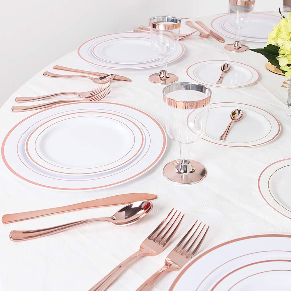WDF 120 Pieces Rose Gold Plastic Silverware- Disposable Flatware Set-Heavyweight Plastic Cutlery- Includes 40 Forks, 40 Spoons, 40 Knives for Valentine's Day, Mother's Day,Wedding&Party