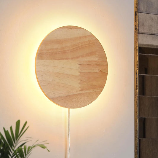 Modern Minimalist Plug in Wall Sconces, Plug-in Or Cordless 11.8'' Round Wood Backlight LED Wall Lamp, 25W, 2500LM Warm White Brightness Wall Light Fixtures for Bedroom, Living Room Wall Décor