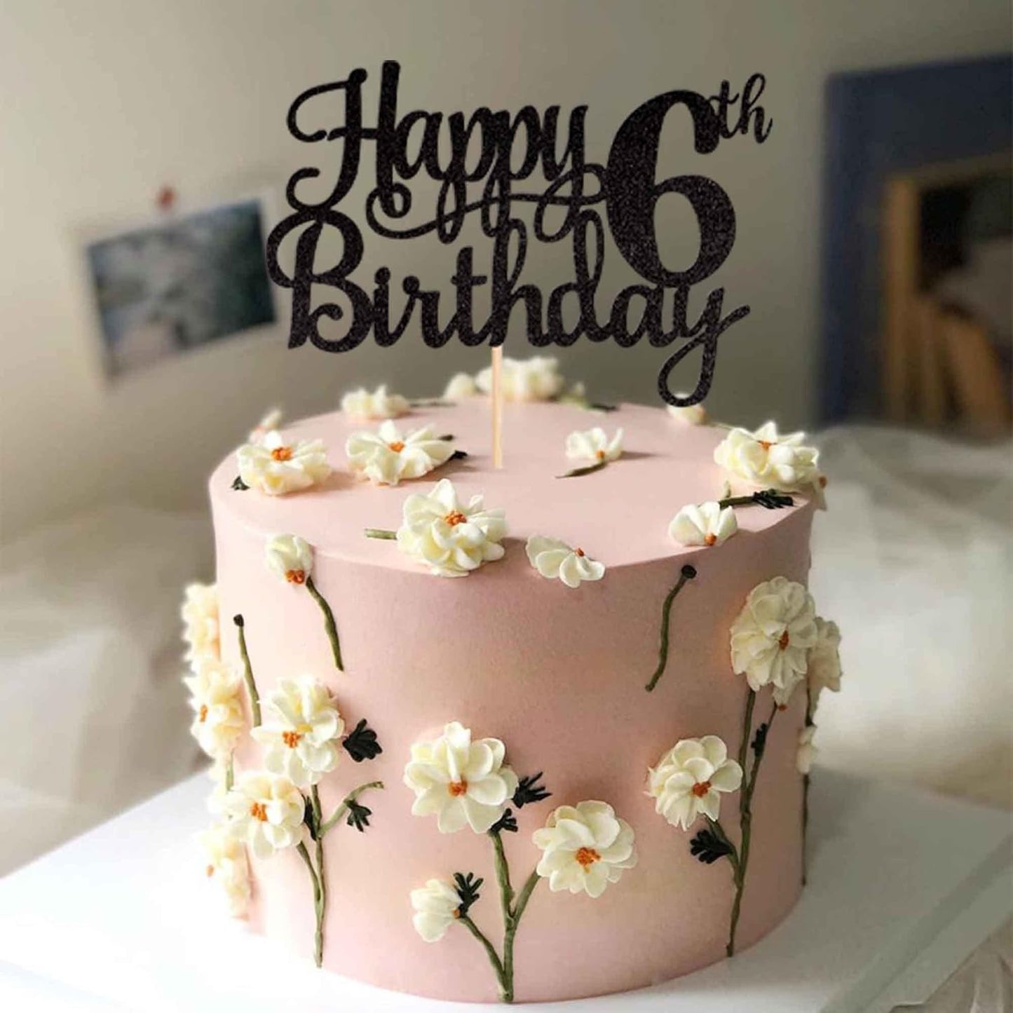 1 PCS Happy 6th Birthday Cake Topper Glitter Cheers to 6 Years Cake Pick Number 6 Fabulous Cake Decoration for 6th Birthday Theme Party Decorations Supplies Black