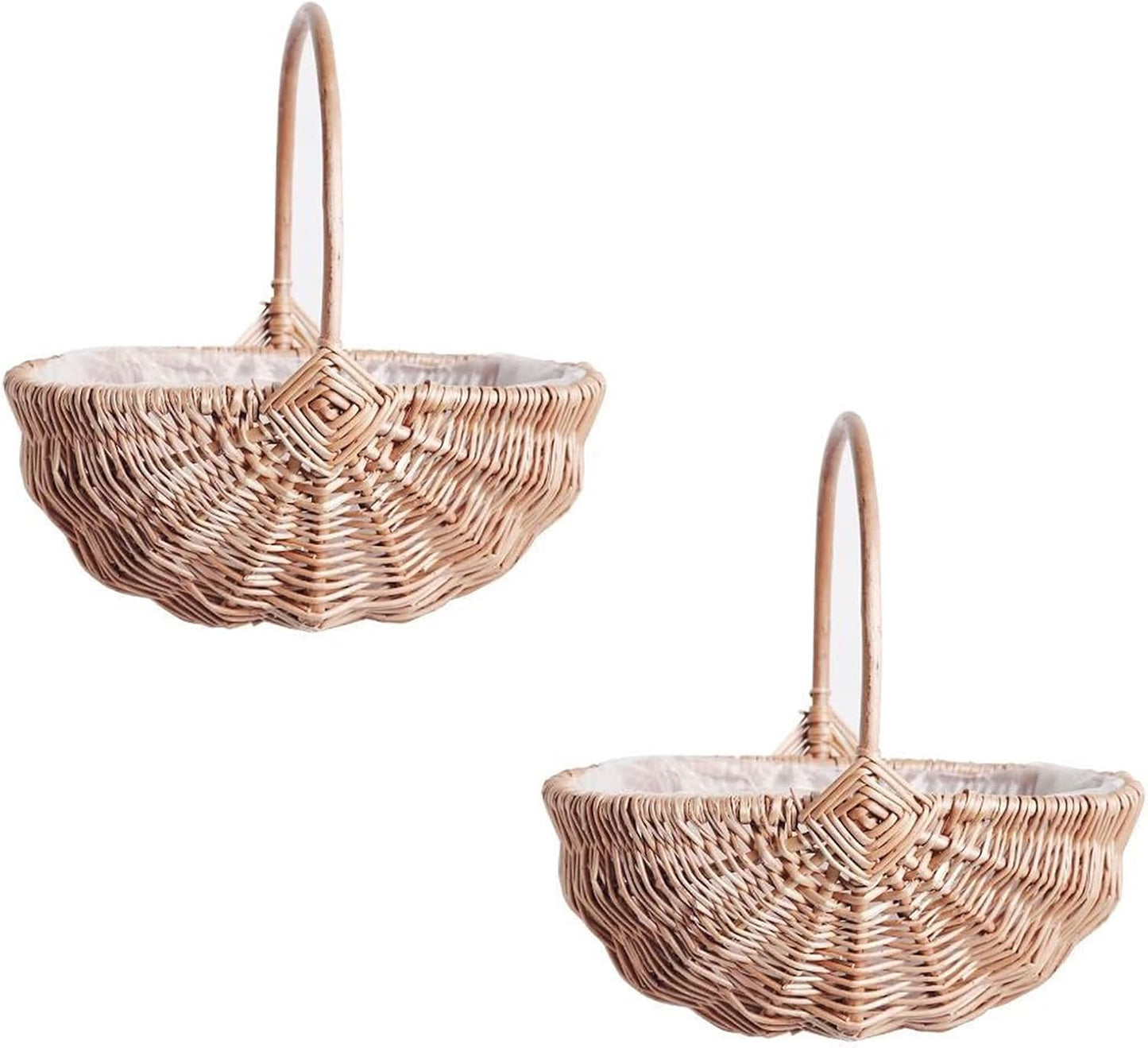 DULRLLY 2 Pcs Handwoven Flower Basket with Handle, Willow Storage Basket Empty Wicker Picnic Basket with Plastic Insert, Easter Basket Wedding Flower Girl Baskets for Home Party Decor (S)